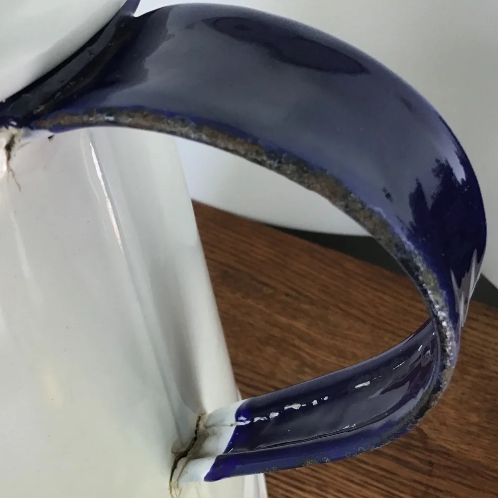 Vintage Enamel White & Blue Coffee Pot & Lid Kettle Enamelware Rustic Antique